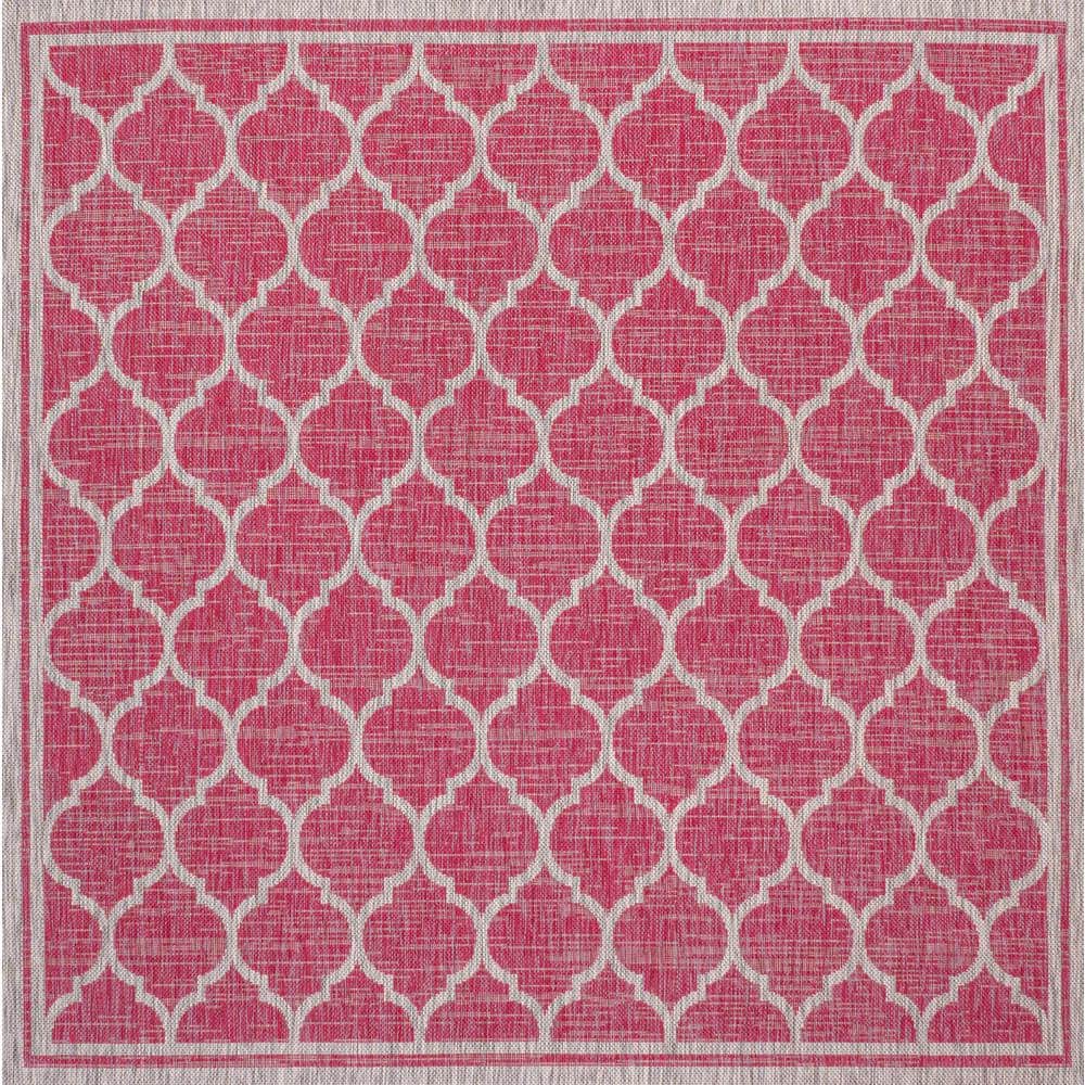 Fuchsia and Light Gray Trellis 5' Square Reversible Outdoor Rug