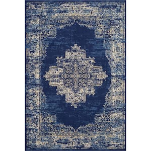 Grafix Navy Blue 6 ft. x 9 ft. Persian Medallion Transitional Area Rug
