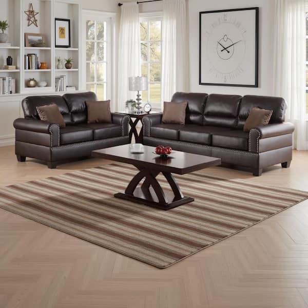 57 in. Round Arm 2-Piece 4-Seater Sofa Set in Brown