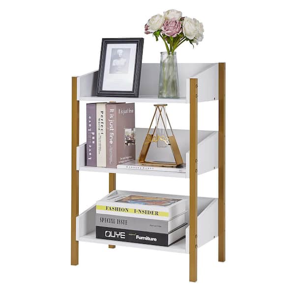 Compact 3-Tier Bookshelf, Rustic Wood Storage Organizer with Steel Frame for Home or Office White 25.87 in.