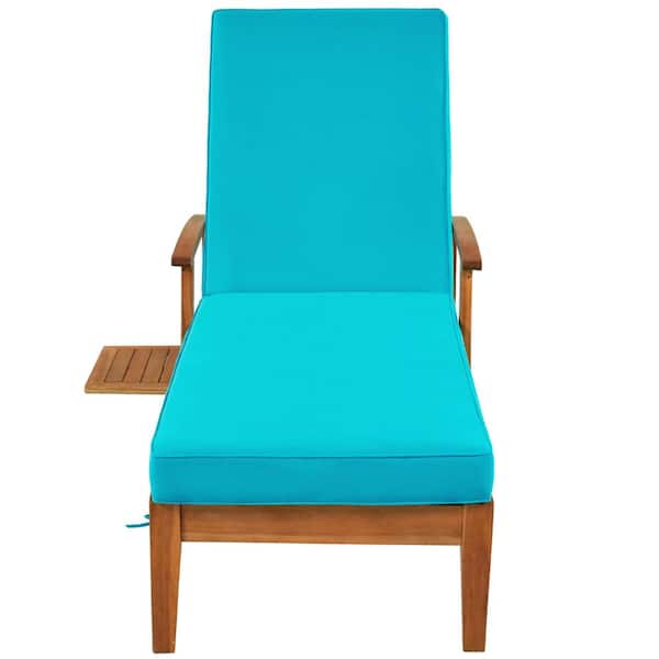 Siavonce Brown Wood Outdoor Chaise Lounge with Wheels, Sliding Cup Table and Blue Cushion, 78.8 in. Patio Reclining Daybed
