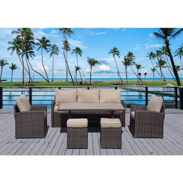 Afoxsos Dark Brown 6-Piece PE Plastic Rattan Wicker Outdoor Patio Garden and Coffee Sofa Sectional Set with Brown Cushion