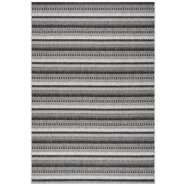 SAFAVIEH Courtyard Black/Gray Doormat 3 ft. x 5 ft. Striped Tribal Indoor/Outdoor Patio Area Rug