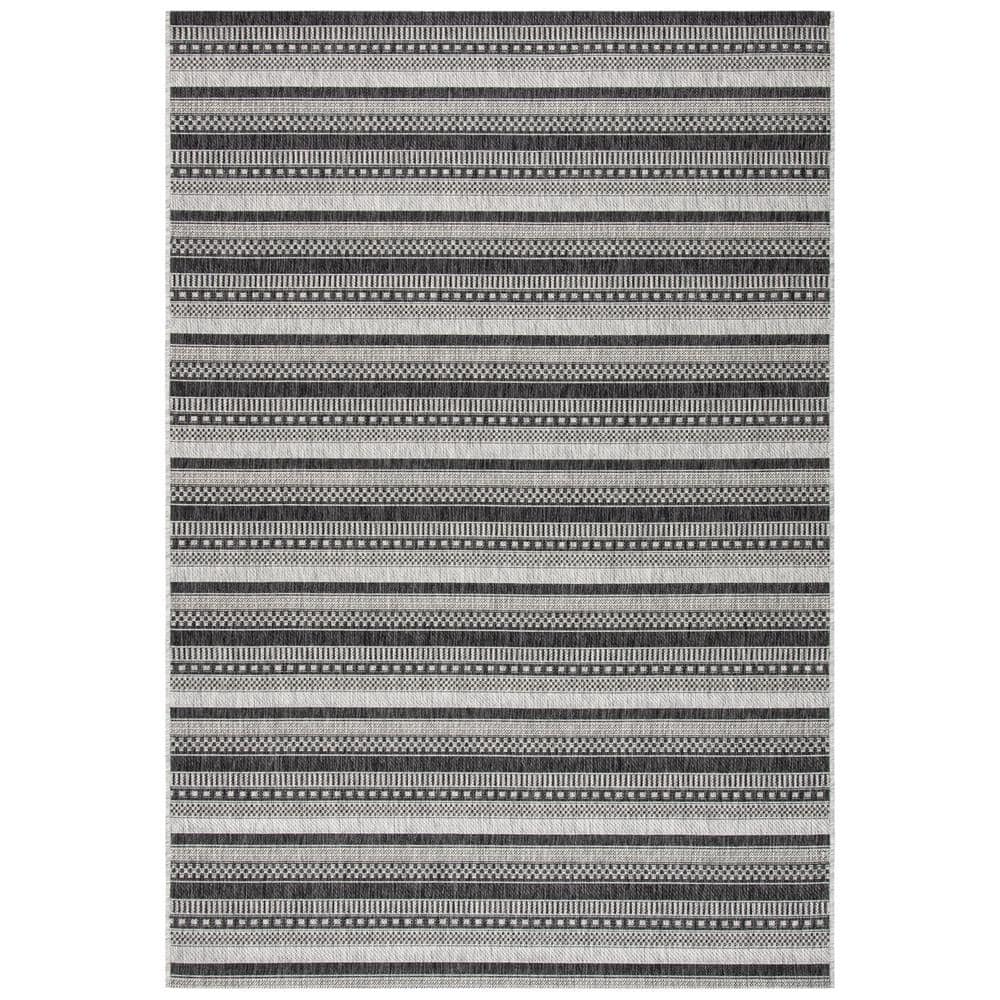 Black and Gray Striped 8' x 10' Synthetic Indoor/Outdoor Rug