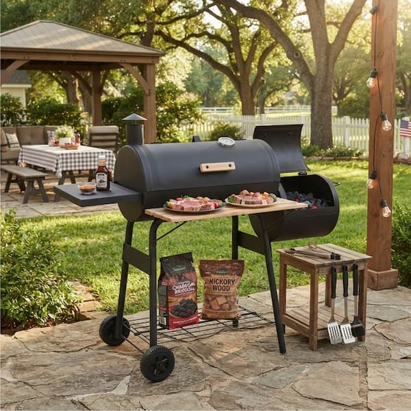 48 in. Charcoal Grill and Offset Smokehouse Combo with Side Shelves and Wheels, Black