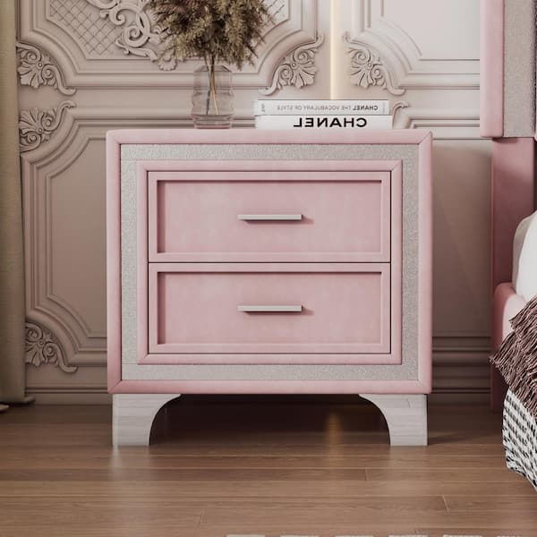 Harper & Bright Designs Mid-Century Pink 2-Drawer Velvet Nightstand with Metal Legs(21.8 in. W x 15.9 in. D x 21.7 in. H)