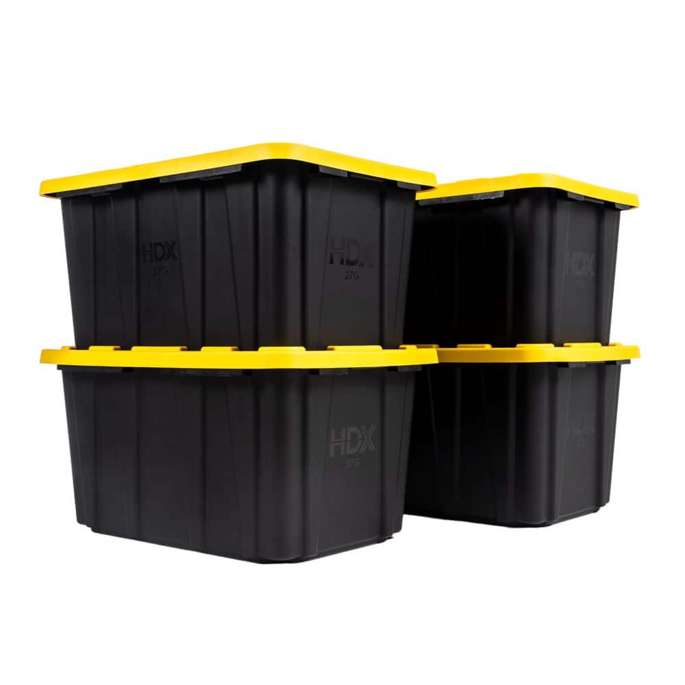 HDX 27 Gal. Tough Storage Tote in Black and Yellow (4-Pack) - The