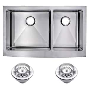 Farmhouse Apron Front Stainless Steel 36 in. Double Bowl Kitchen Sink with Strainer in Satin