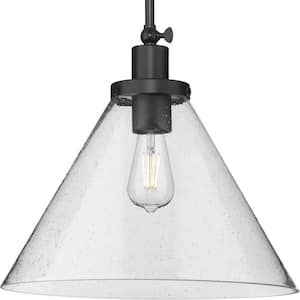 Hinton Collection 16 in. 1-Light Matte Black Pendant with Clear Seeded Glass Shade