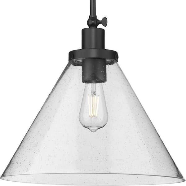 Progress Lighting Hinton Collection 16 in. 1-Light Matte Black Pendant with Clear Seeded Glass Shade