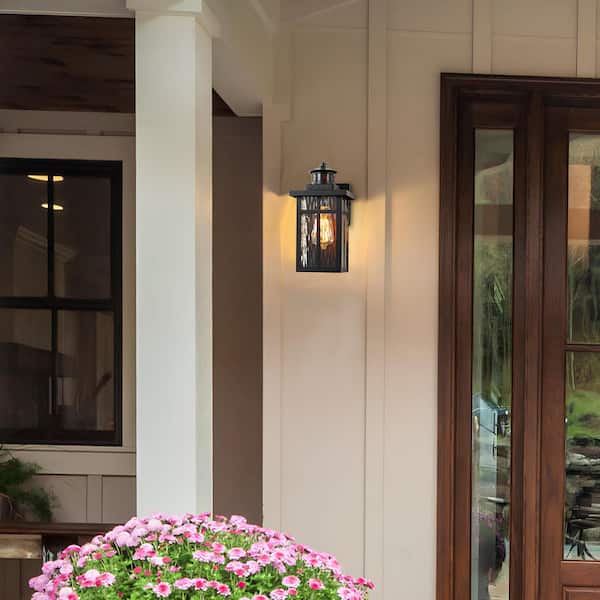 11.75 in. Matte Black Motion Sensing Dusk to Dawn Outdoor Hardwired Wall Lantern Sconces with Water Glass(2-Pack)