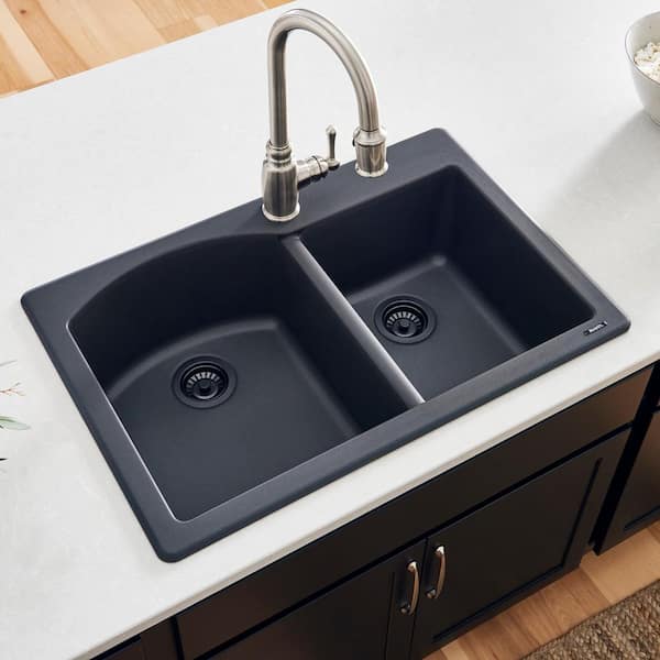 epiGranite 33 in. Drop-in Topmount Double Bowl Kitchen Sink in Midnight Black Granite Composite