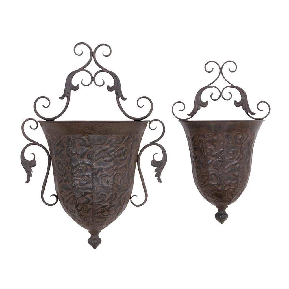 Antique Copper Scrollwork Iron Wall Planters Set of 2