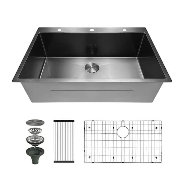 33 in. Drop-In 3-Hole Single Bowl 16-Gauge Gunmetal Black Stainless Steel R10 Round Corner Kitchen Sink with Accessories