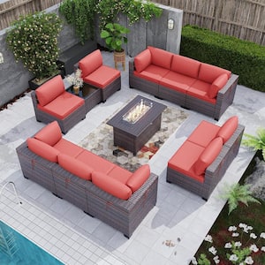 12-Piece Wicker Patio Conversation Set with 55000 BTU Gas Fire Pit Table and Glass Coffee Table and Red Cushions