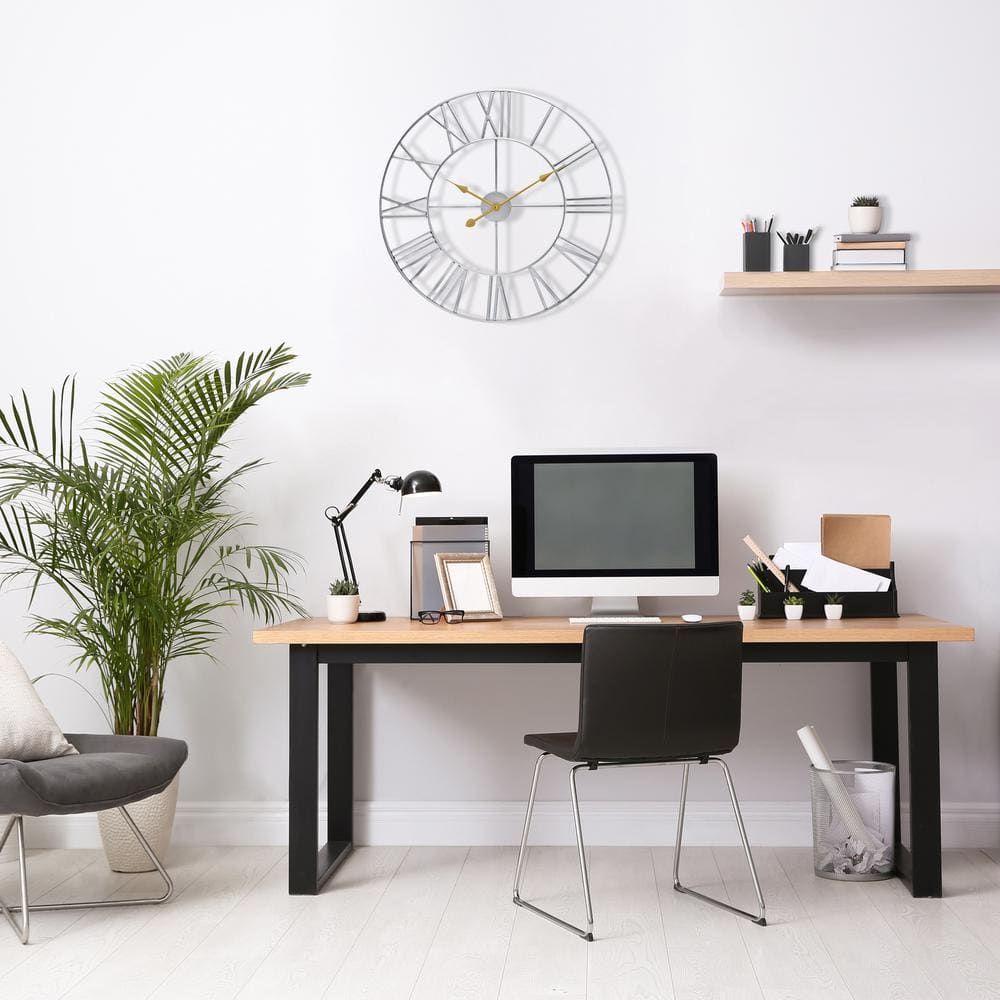 Oversized Silver Metal Roman Numeral Wall Clock