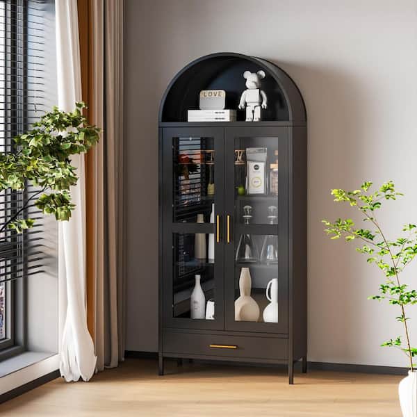 Kaikeeqli Black 72.8 in. H Storage Cabinet with 2-Adjustable Shelves, 1-Drawer and Glass Door for Living Room, Assembly Required