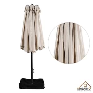 15 ft. Steel Market Patio Umbrella Double-Sided Twin Large Patio Umbrella with Base in Beige
