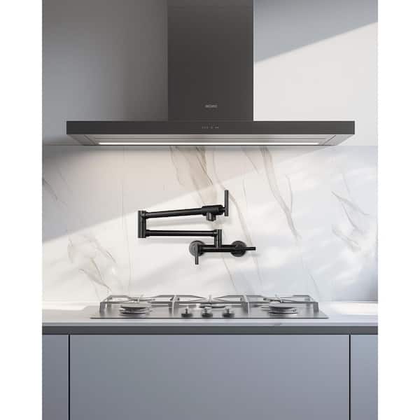 Wall Mount 2-Hole Pot Filler with Hot and Cold Control and Folding Stretchable 3-Handle in Matte Black