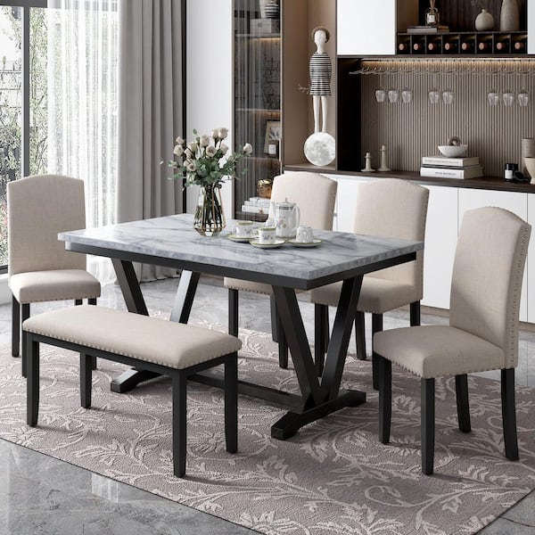 Marble Table 6-Piece Rectangle White Wood Top High Luxury Bar Table Set Dining Room Set Seats 6