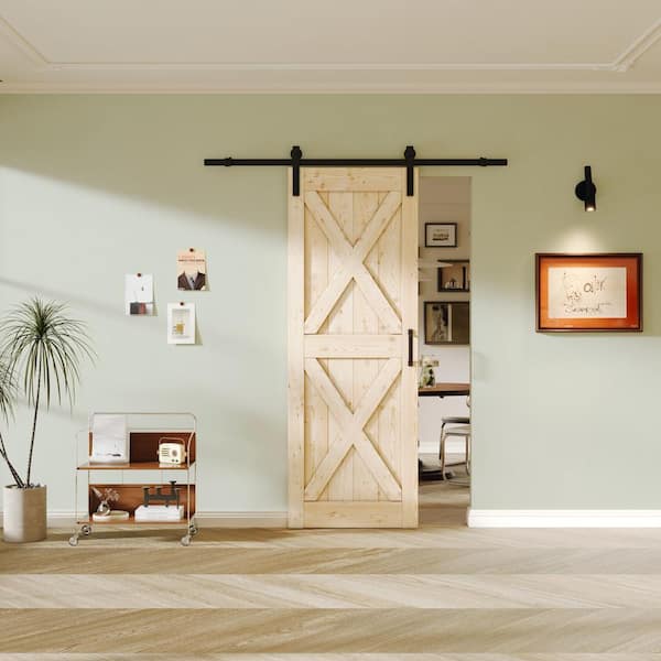 30 in. x 84 in. Solid Core Unfinished Pine Wood Double X Design Barn Door Slab with Hardware Kit