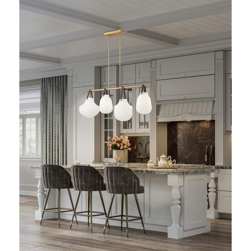 Modern Gold 4-Light Linear Chandelier with Glass Shades