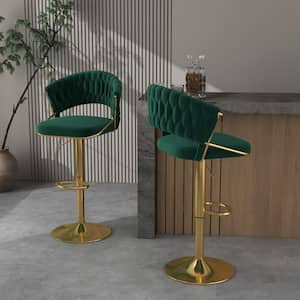 42.14" Green Low Back Gold Metal Frame Adjustable Swivel Bar Stool with Velvet Seat (Set of 2)