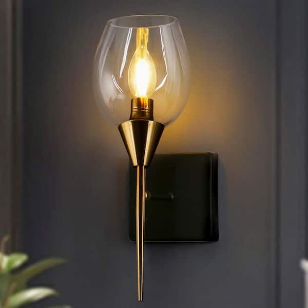Transitional 1-Light Black and Brass Bedroom Wall Light, Modern Bathroom Wall Sconce with Clear Glass Shade
