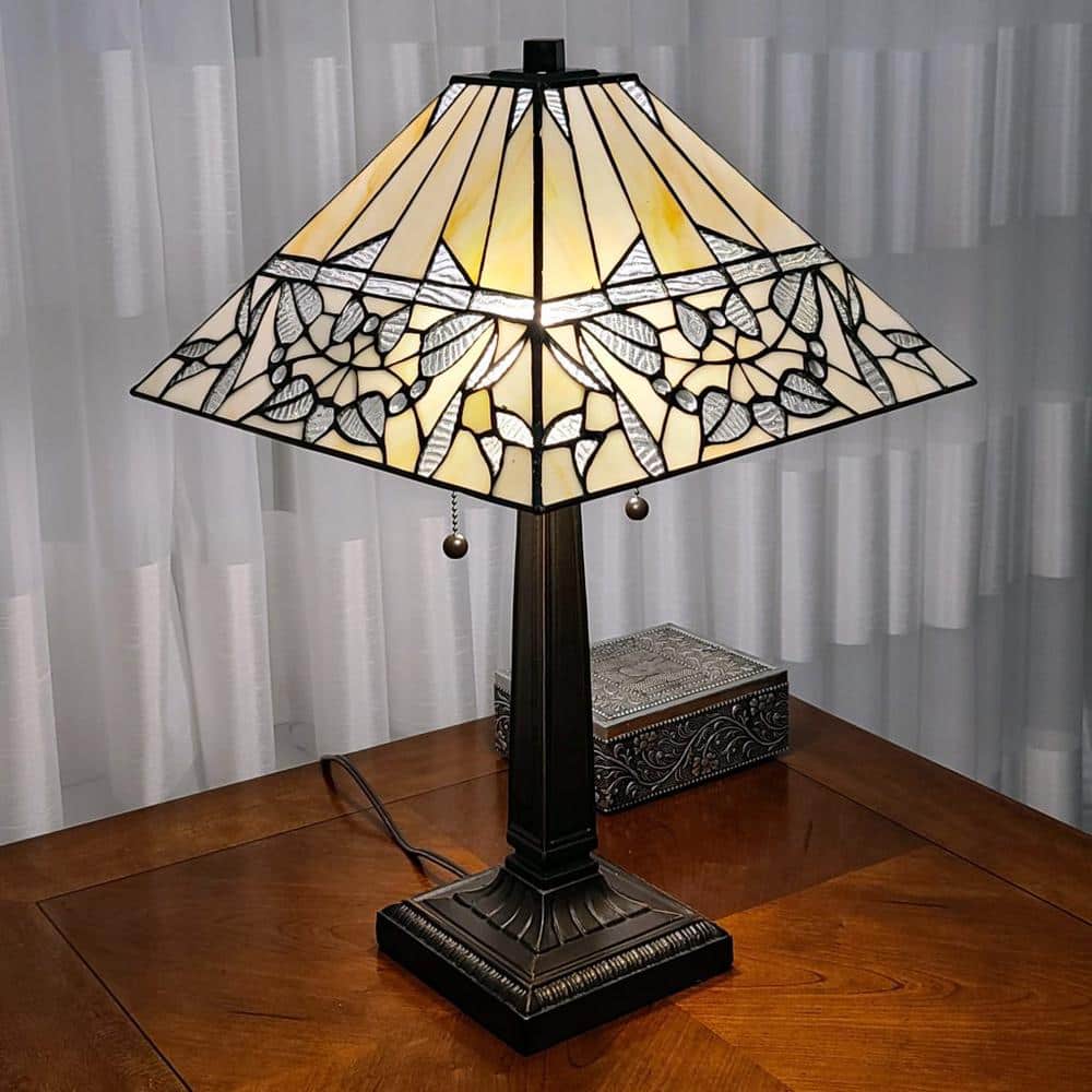 Ivory and Brown Stained Glass Tiffany Style Table Lamp