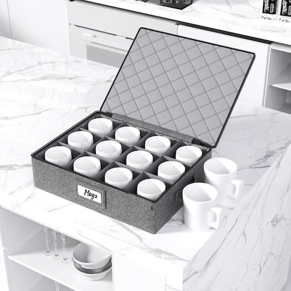 2-Piece Gray Stemware Organizer, Storage Box with Hard Shell and Dividers for Coffee Mugs, Teacups and Glasses