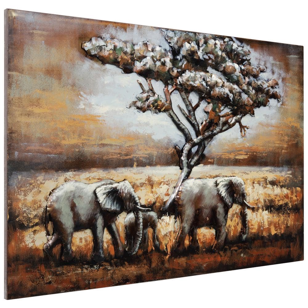 Hand Painted 3D Iron Elephant Wall Art with Tree