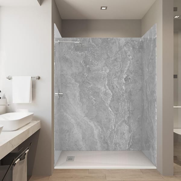 CASTICO Tundra L. Gray 32 in. x 60 in. x 84 in. Solid Composite Stone Alcove Shower Kit with Walls and White Pan Base L/R Drain