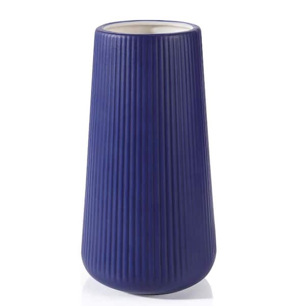 Navy Blue 4 in. x 7.7 in. Ceramic Modern Conical Ribbed Textured Decorative Vase