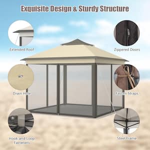 11 ft. x 11 ft. Brown Pop up Gazebo 2-Tier Patio Canopy Tent Shelter w/Carrying Bag