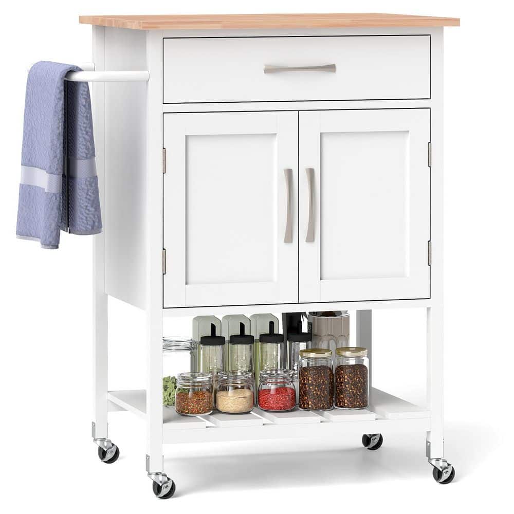 Rolling Kitchen Island Cart White Kitchen Cart w/ Drawer 2-Door Storage Cabinet Bottom Tray