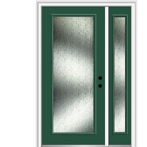 48 in. x 80 in. Left-Hand Inswing Rain Glass Hunter Green Fiberglass Prehung Front Door on 4-9/16 in. Frame