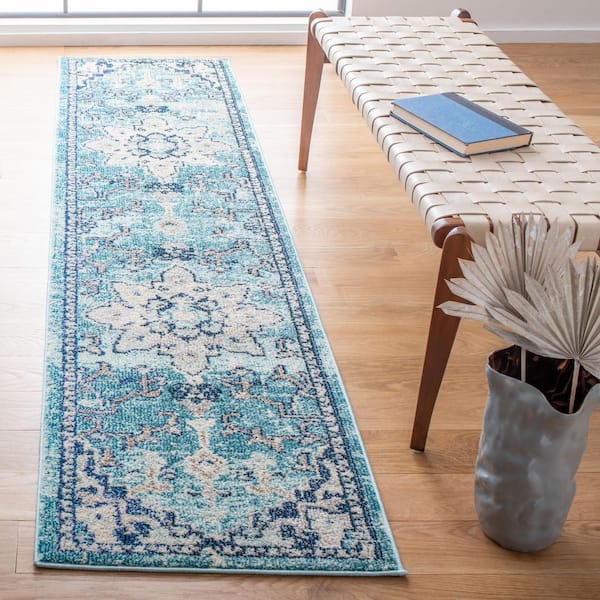 Madison Teal/Navy 2 ft. x 12 ft. Distressed Border Runner Rug