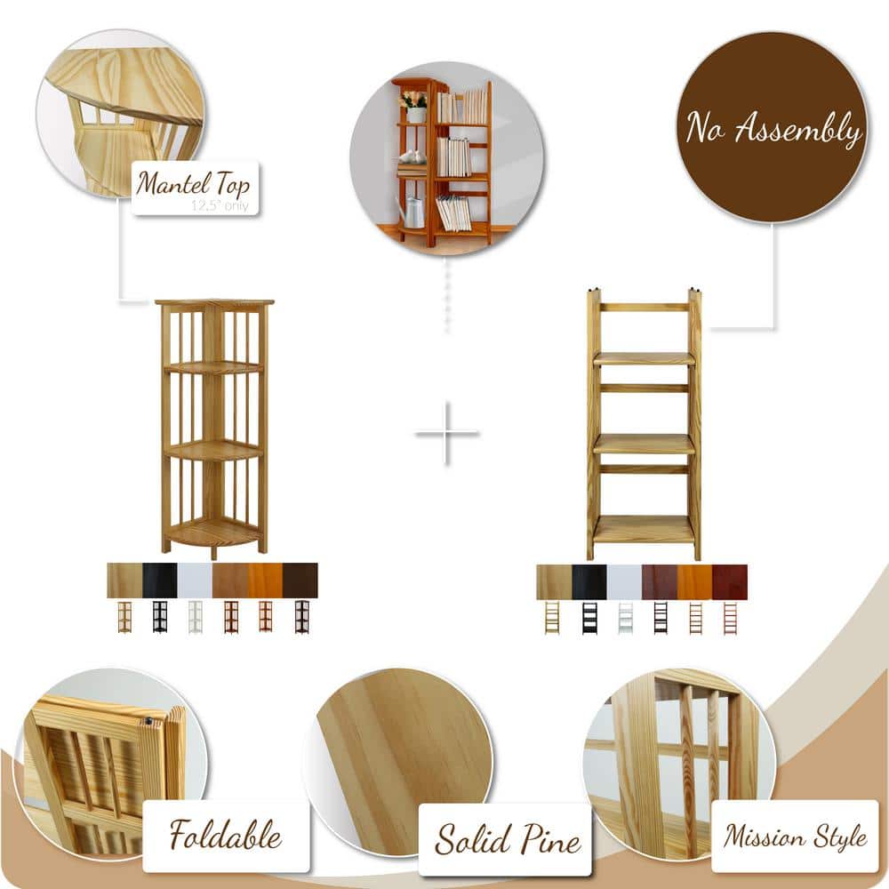 Walnut Finish 3-Shelf Solid Wood Stackable Folding Bookcase