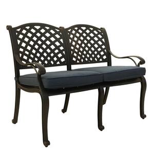 46 in. W 2-Person Dark Black Aluminum Frame Outdoor Bench with CushionGuard Denim Blue Cushion for Garden, Yard, Balcony