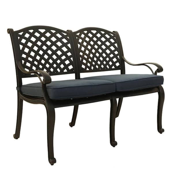 Mondawe 46 in. W 2-Person Dark Black Aluminum Frame Outdoor Bench with CushionGuard Denim Blue Cushion for Garden, Yard, Balcony