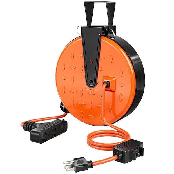 30 ft. 16 / 3 10 Amp Retractable Extension Cord Reel with 3 Outlets, Ceiling/Wall Mount for Garage, Workshop, Orange