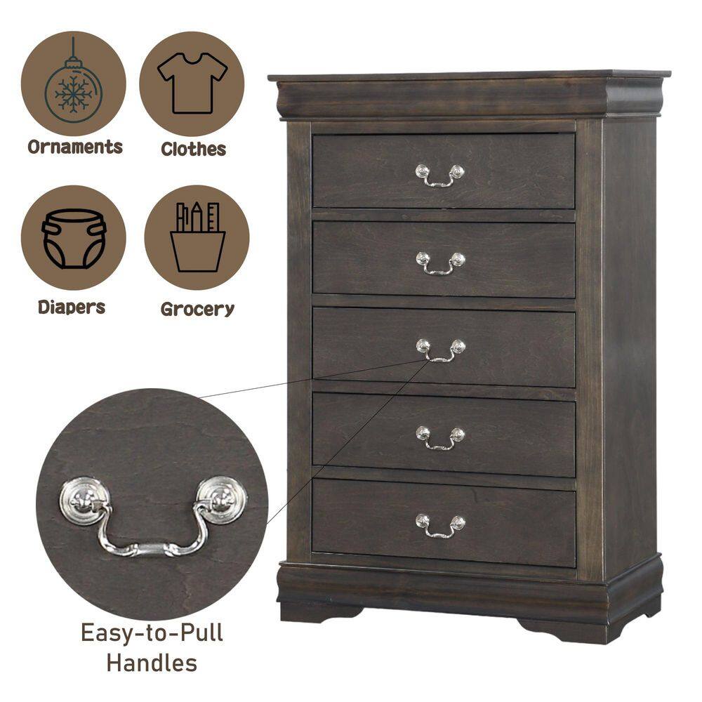 Elegant Gray Wooden Chest with Five Dovetail Drawers and Nickel Handles