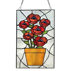 Cynthia 16 in. Potted Red Flowers Stained Glass Window Panel