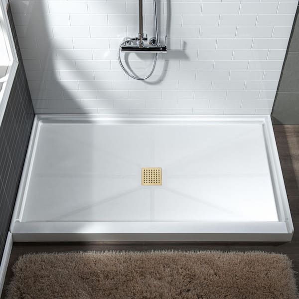 WOODBRIDGE Krasik 60 in. L x 30 in. W Alcove Solid Surface Shower Pan Base with Center Drain in White with Brushed Gold Cover