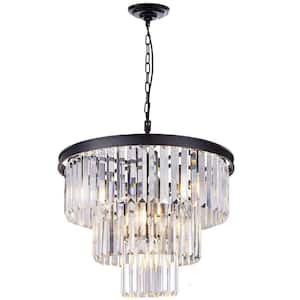 6-Light 3-Tier Black Chandelier with Round K9 Crystal Shade