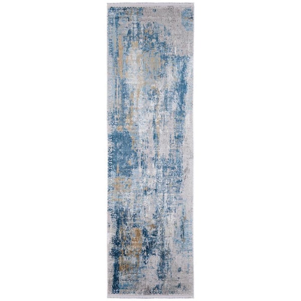 HomeRoots 3 X 10 Blue, Gold, Gray Abstract Runner Rug