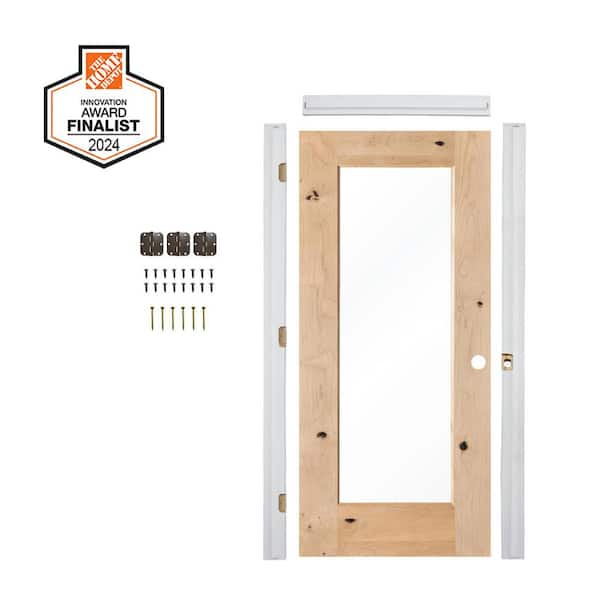 DIY 30in.x80in. Left-Hand 1-Lite Clear Glass Unfinished Knotty Alder Wood Single Interior Door Kit w/Quick Assemble Jamb