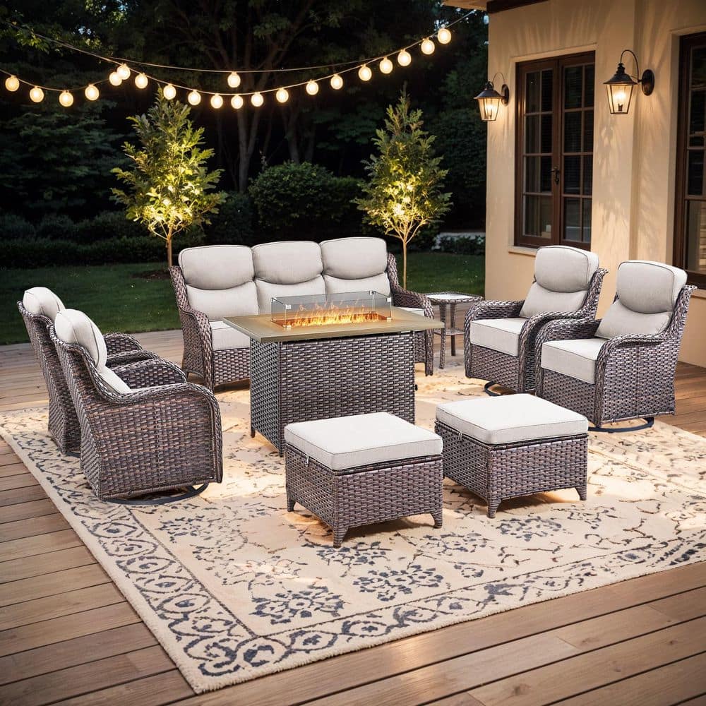 Holion Brown 9-Piece Outdoor Wicker Patio Fire Pit Conversation Sets with Beige Cushions and Rocking Glider Chairs price history on PriceWatchPro