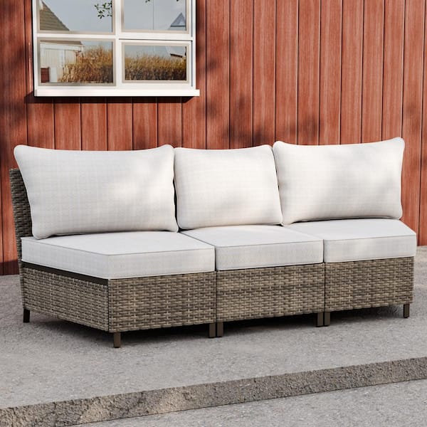 EAGLE PEAK 3-Piece Wicker Patio Curved Outdoor Conversation Set, Armless Middle Sectional Sofa with Beige Cushions