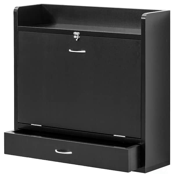 Basicwise 6.75 in. Rectangular Black Wood One Drawer Laptop Writing Computer or Makeup Desk Wall Mount Folding